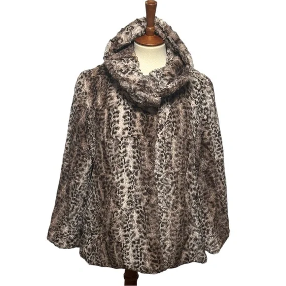 Faux Fur Leopard Print 3/4 Sleeve Jacket Snap Front Coat Collar - Picture 2 of 11